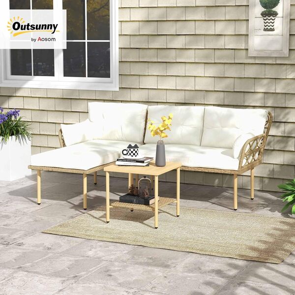 Outsunny Salon de Jardin Exterieur 4 Personnes 3 pièces avec 1 Table Basse Coussins Grand Confort Inclus résine tressée crème