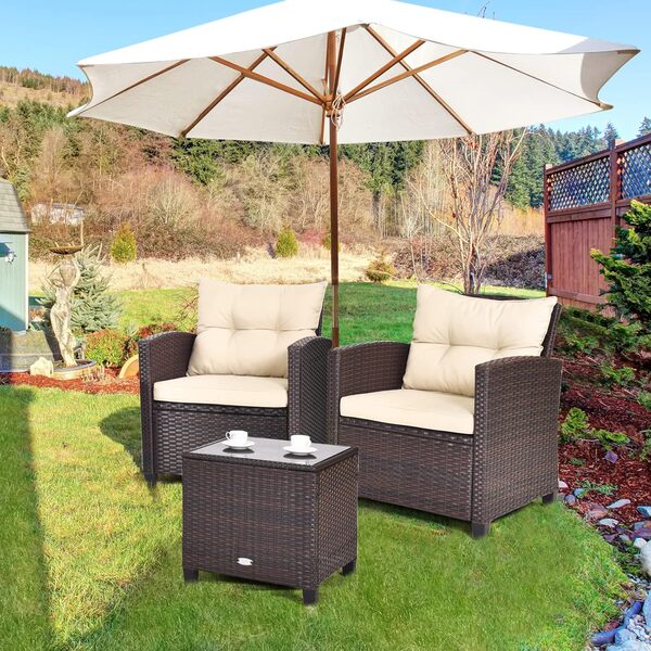 GIANTEX Salon de Jardin 2 Personnes en Rotin, Mobilier Jardin avec 2 Fauteuils, Coussins Amovibles, Table Basse Plateau en Verre Trempé, pour Balcon, Cour, Marron + Beige