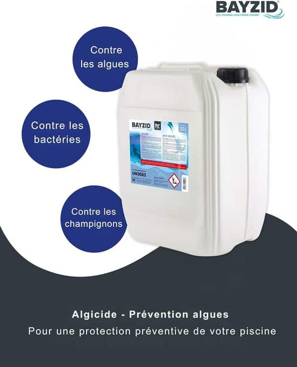 Höfer Chemie 2 x 20 L (40 litres) BAYZID® Algicide Anti Algue pour Piscine - Anti-Algues Non Moussant - Double Action Curative et Préventive - Efficace Contre Bactéries et Champignons