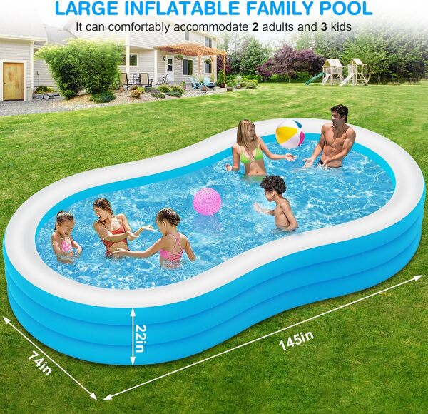 Grande piscine gonflable – 368,3 x 188 x 55,9 cm – Piscine familiale gonflable pour adultes, piscine épaisse extra surdimensionnée améliorée 2025, parfaite pour s'amuser dans le jardin d'été