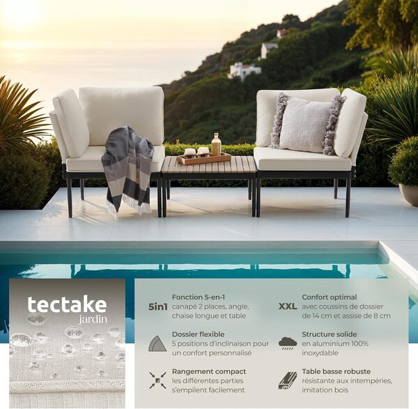 TecTake® Salon de Jardin Exterieur 5en1 Canapé 2 Places modulable Table de Jardin Coussins épais Inclus Cadre en Acier laqué époxy Mobilier de terrasse Canape Exterieur Balcon Veranda Maison