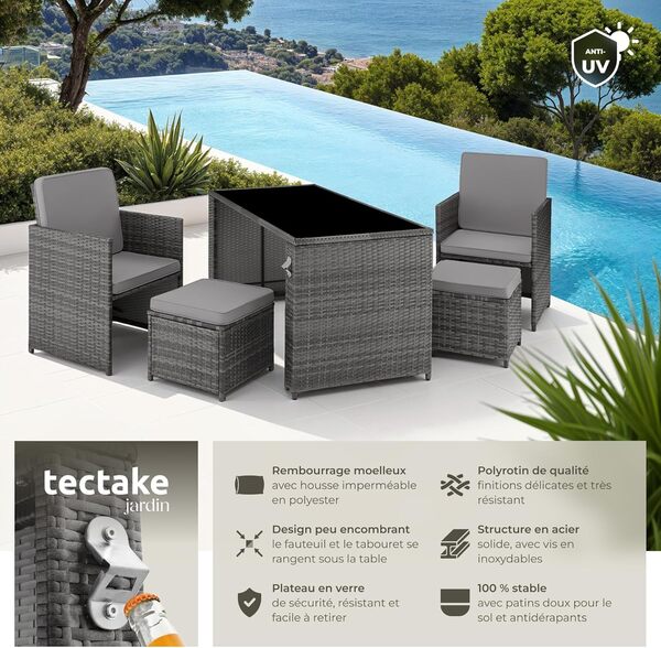 TecTake® Ensemble Salon de Jardin Exterieur 4 Places en Poly Rotin 2 Fauteuil Salon, 2 Tabouret Pouf et 1 Table de Jardin, Coussins Inclus, Mobilier de Jardin pour Amenagement Balcon Terrasse