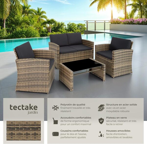 TecTake® Salon de Jardin Exterieur en Résine ressée 4 Places Table de Jardin, 1 Canapé, 2 Fauteuils, Coussins Inclus, Mobilier de Jardin - Marron Naturel/Gris foncé