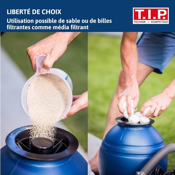 T.I.P. Filtre à Sable SPF 250 pour Piscines 30 m³ Débit 10000 l/h Vanne 4 voies Réservoir Grand Capacité Écologique Efficace Portable Bleu Noir