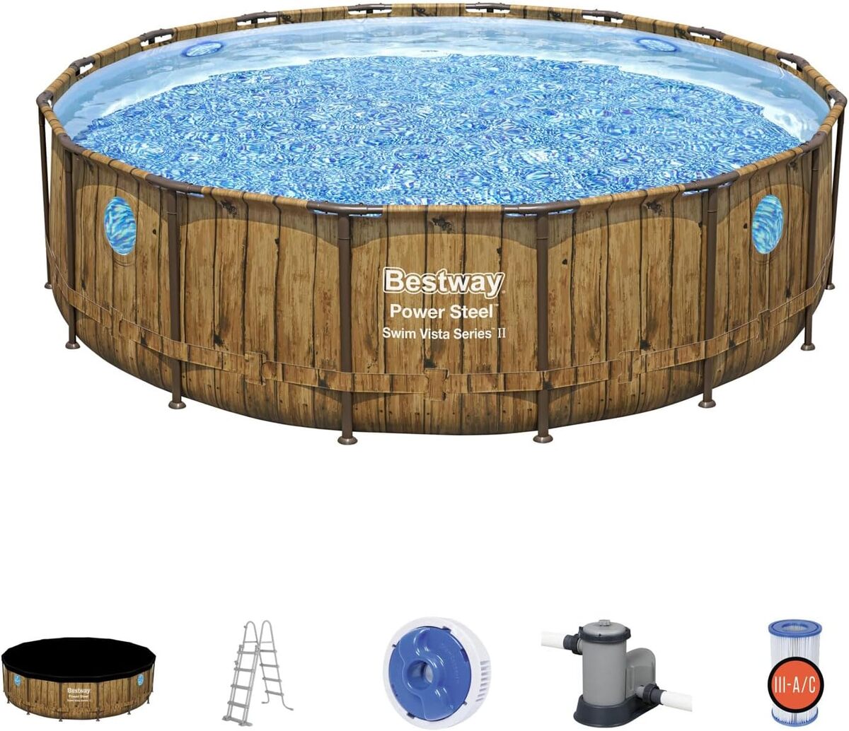 Test piscine hors sol BESTWAY Power Steel™ SwimVista 488 x 122 cm motif bois