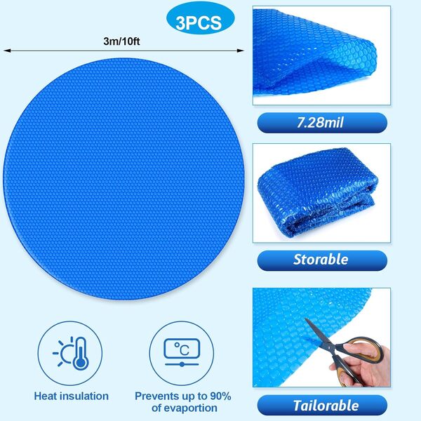 Wesiti Lot de 3 couvertures solaires de 3 m pour chauffage de piscine de 16 mm - Couverture solaire pour chauffage de piscine creusée - Couverture solaire circulaire pour piscines - Accessoire de