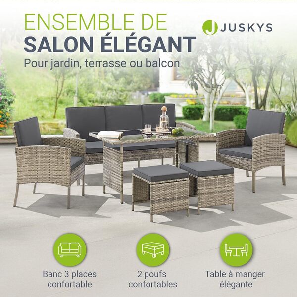 Juskys Salon de Jardin 6 pièces Turin en polyrotin - 7 Personnes - Mobilier d'extérieur avec fauteuils, tabourets, Table & Coussins - Meubles de Jardin pour Coin Lounge - Gris