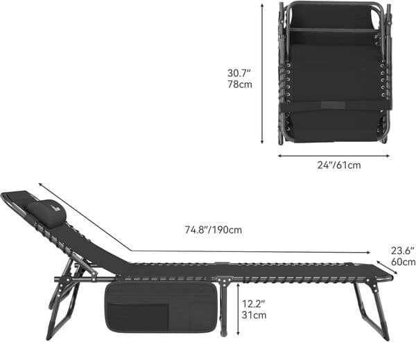 YITAHOME Lot de 2 Bains de Soleil 190x60x31cm Chaise Longue Réglable en 4 Positions, Transat Jardin Exterieur avec Appui-tête et Latérale Capacité de Charge 300lbs pour Jardin, Piscine, Camping, Noir