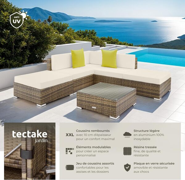 TecTake® Ensemble Salon de Jardin Exterieur XXL en Poly Rotin Modulable Canapé 5 Places 3 Fauteuil Salon 2 Tabouret Pouf et 1 Table de Jardin, Mobilier de Jardin pour Amenagement Balcon Terrasse