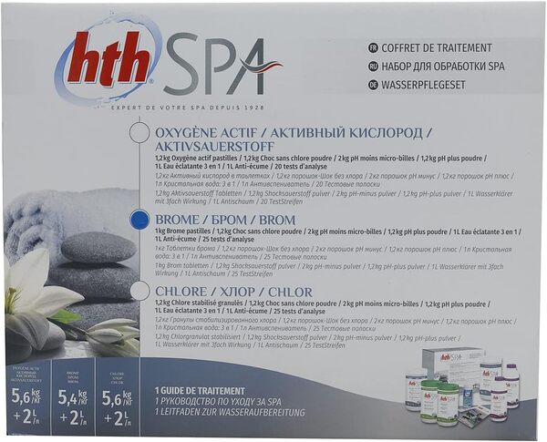 HTH Spa Coffret DE Traitement AU Brome - 7,4kg | Kit Traitement pour Un Entretien Complet - Désinfection Régulière et Choc sans Chlore + 10 Tests HPS OFFERTS 6 en 1