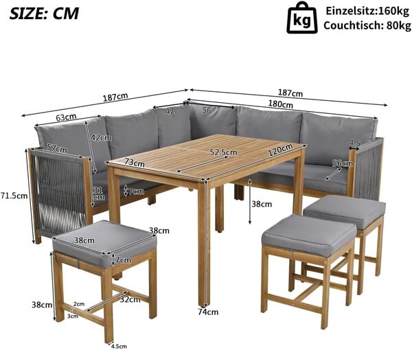 Seyakany Ensemble de Salon de Jardin Exterieur pour 7-8 Personnes en polyrotin,canapé d'angle avec Table et Coussins,Ensemble Table et chaises d'extérieur,Acacia,Gris + Naturel