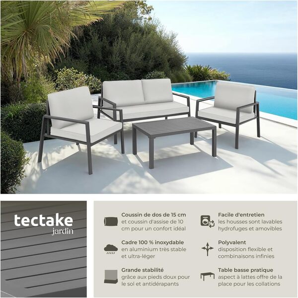 TecTake® Ensemble Salon de Jardin Exterieur 4 Personnes en Aluminium Canapé 2 Places 2 Fauteuil Salon et 1 Table de Jardin, Coussins Inclus, Mobilier de Jardin Amenagement Balcon Terrasse Veranda