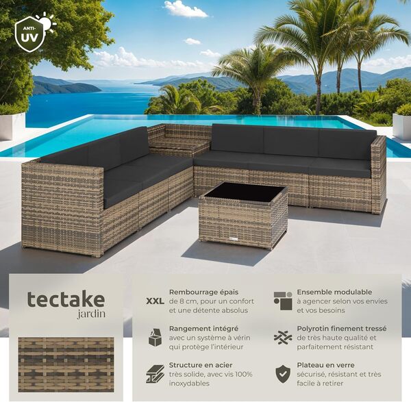 TecTake® Salon de Jardin Exterieur en Rotin 6 Places en Resine Tressee Modulable 6 Fauteuil Jardin Coffre de Rangement et Table en Verre Inclus pour Amenagement Balcon Terrasse – Marron Naturel