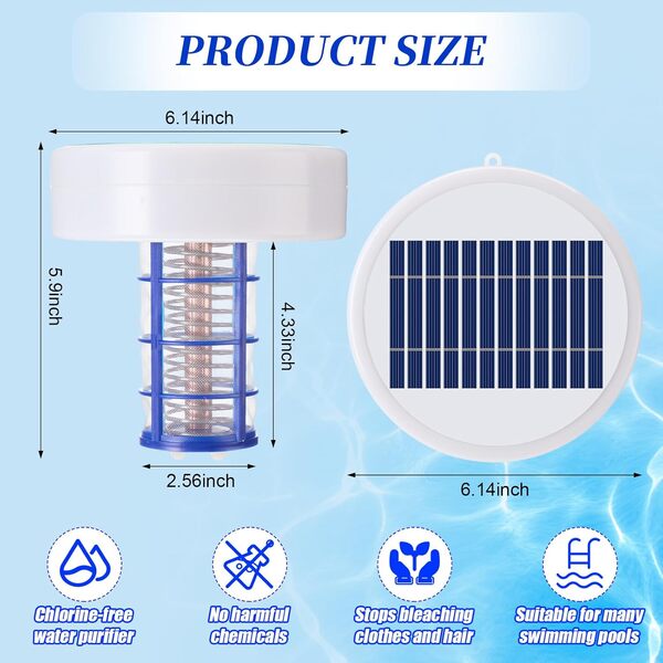 Qualirey Ioniseur solaire flottant automatique pour piscine, ioniseur d'eau avec 4 balles anti-écumes, pour piscines hors sol et creusées, jusqu'à 35 000 gallons (sans lumière)