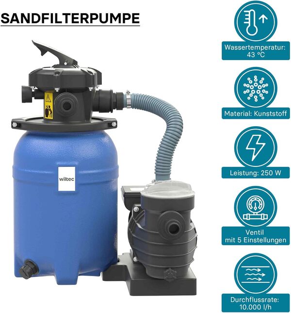WilTec Filtre à Sable et Particules – 250 W – capacité 14 l / 10 kg – 10 000 l/h – avec Vanne 5 Positions et Pompe de filtrage Auto-amorçante – Cuve de Filtration pour Piscine Hors-Sol Swimmingpool