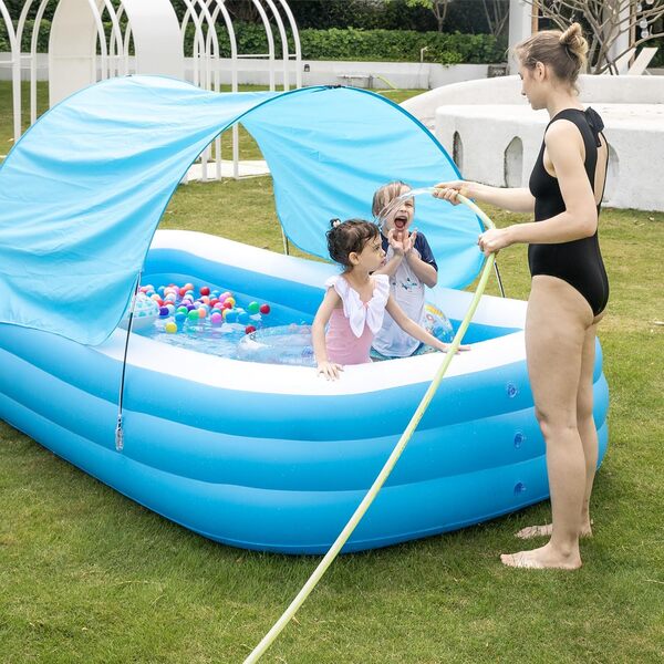 Grande piscine gonflable avec auvent – 368 x 188 x 55 cm – Piscine gonflable surdimensionnée pour la famille, piscine extra large avec pompe pour jardin, jardin et plaisir en plein air