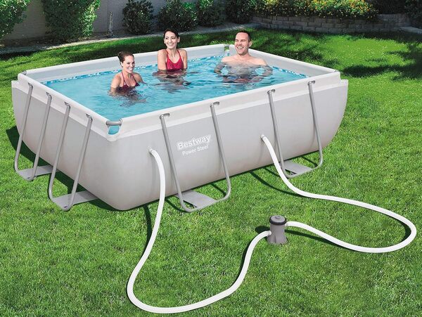 Bestway Piscine rectangulaire avec cadre en acier et pompe de filtration 282 x 196 x 84 cm gris