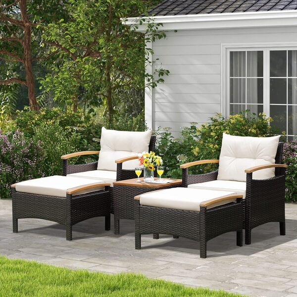 GIANTEX Salon de Jardin Extérieur 2-4 Personnes 5 Pcs en Résine, Fauteuils de Jardin avec Table Basse, 2 Tabourets/Repose-Pieds, Coussins, Pieds Antidérapants, Mobilier de Jardin pour Patio, Balcon