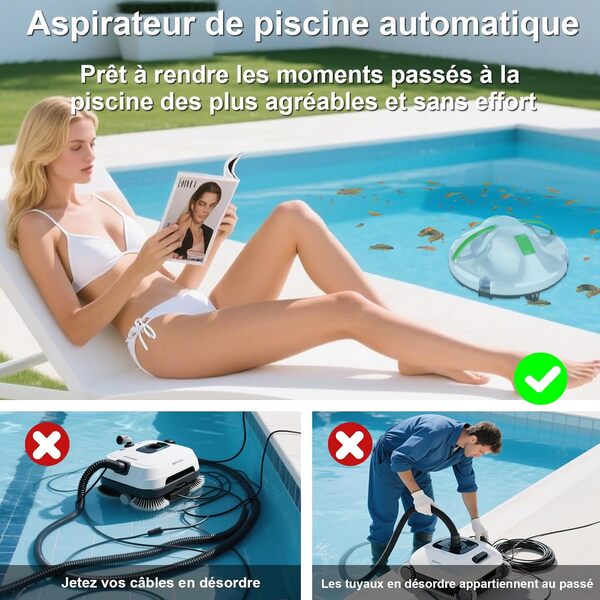 2025 Robot aspirateur de Piscine sans Fil pour Piscine Hors Sol 120 Minutes d'autonomie, Nettoyeur de Piscine Automatique pour Piscine creusée jusqu'à 1000 Pieds carrés Robot de Piscine autoparquant