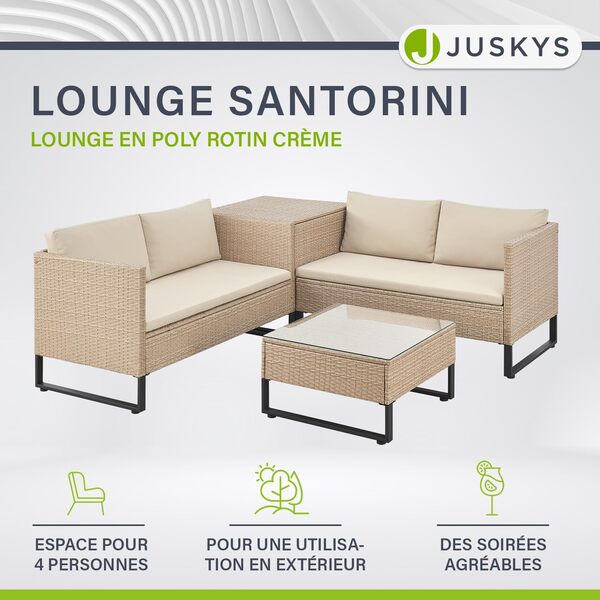 Juskys Coin Lounge extérieur Santorini en polyrotin - Salon de Jardin avec Table Basse et Coffre à Coussins - Meubles de Jardin en Imitation rotin résistant aux intempéries - Crème