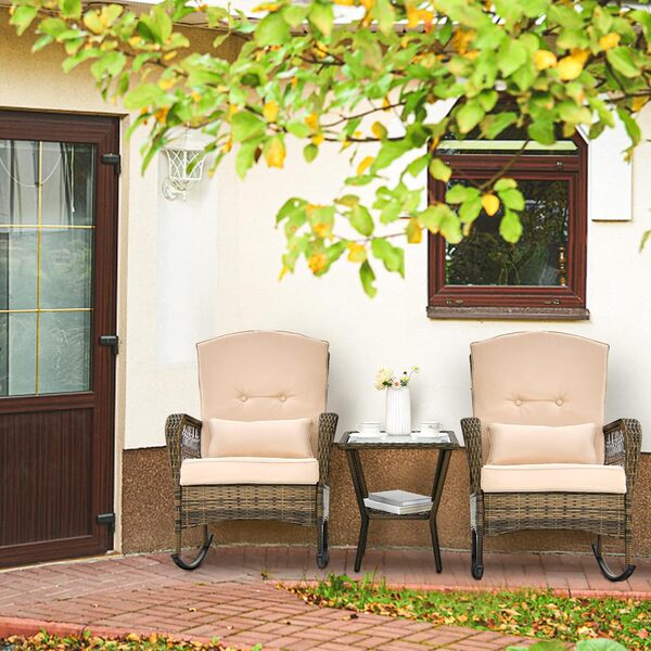 Giantex Ensemble de Jardin en Rotin 2 Personnes, Ensemble de Chaises à Bascule et Table Basse pour Balcon, Fauteuils Ergonomie avec Coussins, Marron