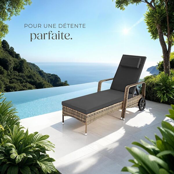 tectake® Chaise Longue Bain de Soleil en Resine Tressee Résistant Inclinable avec Roulettes Transat Salon de jardin exterieur Mobilier de Jardin Chaise Longue Piscine Plage - Marron Naturel/Gris Foncé
