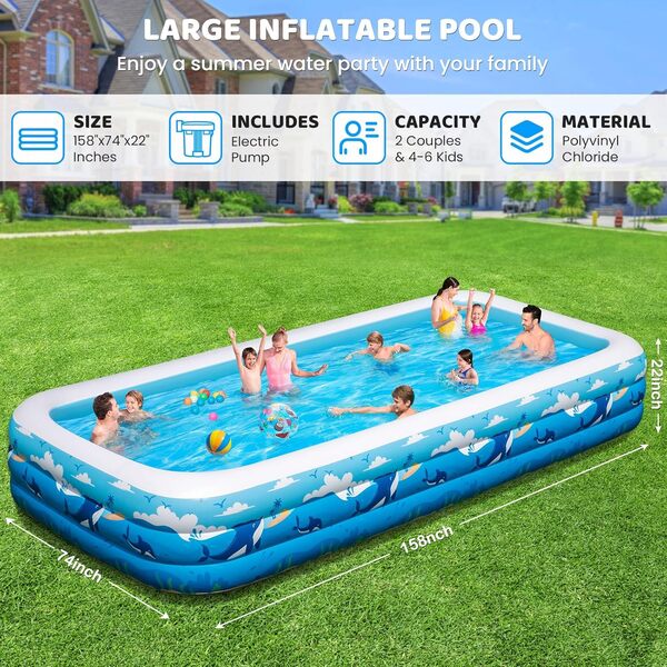 Piscine gonflable extra large pour adultes 401,3 x 188 x 55,9 cm, grande piscine gonflable pleine taille avec pompe, portable et pliable, piscine gonflable douce et épaisse pour jardin, fête aquatique