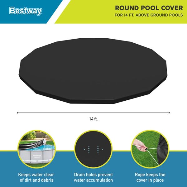 Bestway Flowclear Bâche ronde en PVC de 4,3 m pour piscine hors sol avec trous de drainage et cordes d'arrimage sécurisées, noir (housse uniquement)
