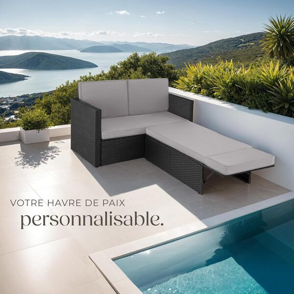 tectake® Salon de Jardin Exterieur en Poly Rotin Modulable Bain de soleil 2 Places 1 Canapé et 1 Tabouret Pouf avec Repose-pieds inclinable, Mobilier de Jardin pour Amenagement Balcon Terrasse Veranda