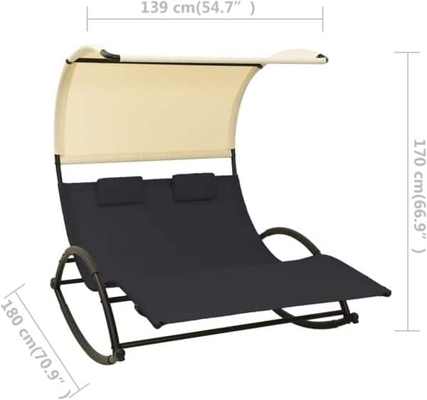 vidaXL Chaise Longue Double avec Auvent Bain de Soleil de Patio Transat de Terrasse Chaise Longue d'Extérieur Jardin Textilène Noir et Crème