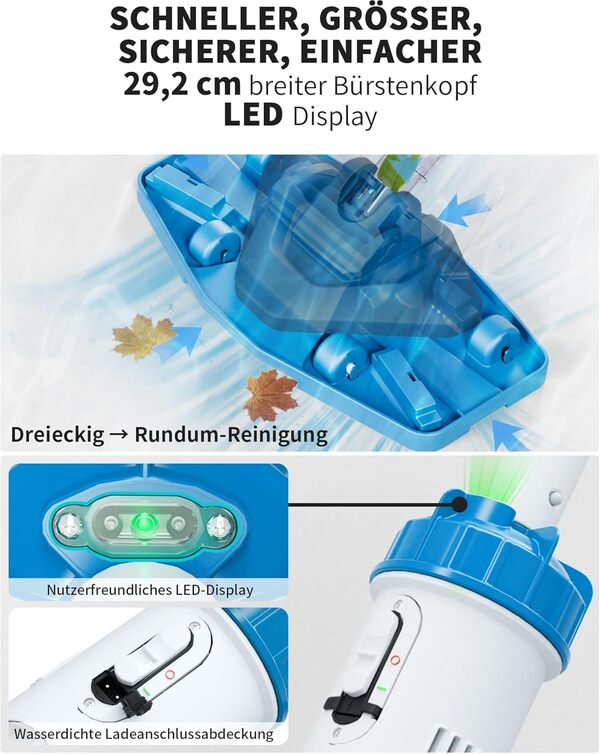 FOTING 1.5 Aspirateur de piscine avec batterie, nettoyeur de piscine avec filtre, aspirateur de piscine avec durée de fonctionnement jusqu'à 60 minutes, tige télescopique, aspiration jusqu'à 4200 l/h