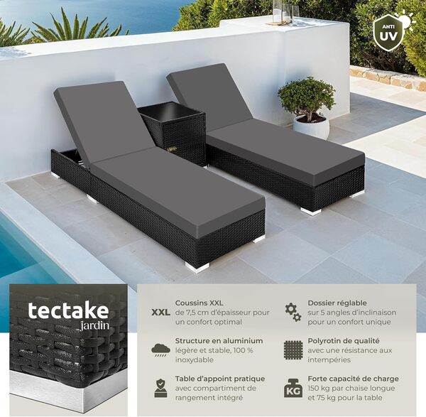 TecTake® Set de 2X Chaise Longue Bain de Soleil avec Dossier réglable + Table de Jardin en Aluminium et Resine Tressee + 2 Set de Housses + Housse de Protection Piscine Balcon Jardin - Noir/Marron