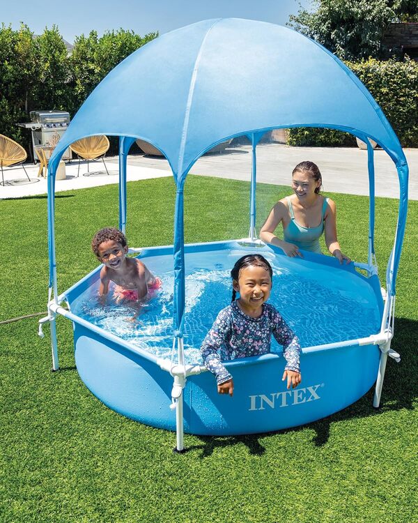 INTEX Piscine Hors Sol avec Cadre en métal 28209EP : 1,8 m x 38,1 cm – Pulvérisateur à auvent intégré – Matériau résistant aux Perforations – Assemblage Facile – Capacité de 185 gallons