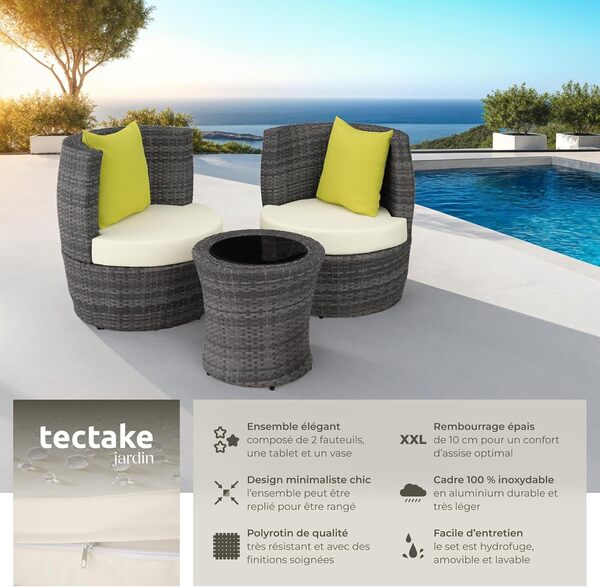 TecTake® Ensemble Salon de Jardin encastrable en Poly Rotin 2 Personnes Ensemble Fauteuil Salon et Table de Jardin, Coussins & Pot de Fleur Inclus, Mobilier de Jardin pour Amenagement Balcon Terrasse