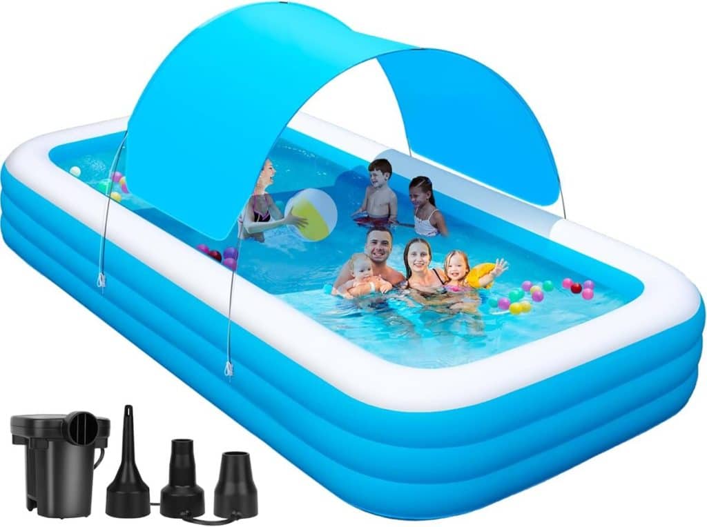Test piscine gonflable famille avec auvent 368x188 cm