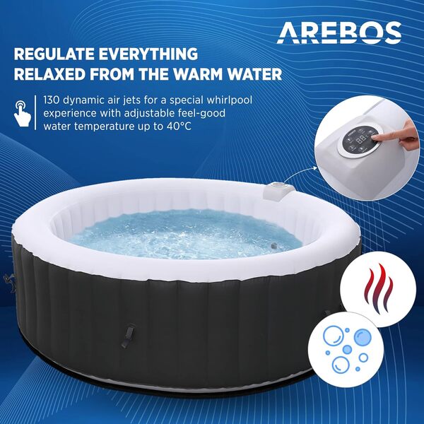 Arebos Spa Gonflable | pour l'intérieur et l'extérieur | 6 Personnes | ⌀ 208 cm | Rond | 130 Jets de Massage | 1000 litres | avec Chauffage | Spa et Bien-être