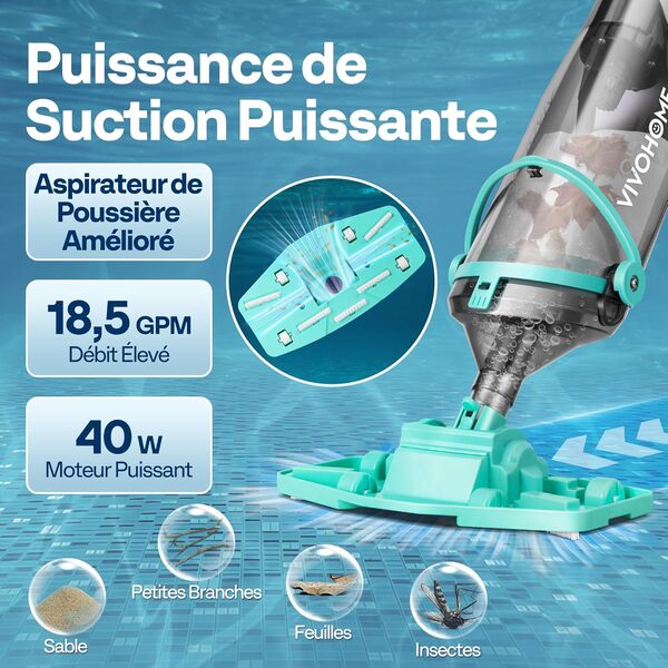 VIVOHOME Aspirateur de Piscine sans Fil avec Perches Télescopiques 278cm Aspiration 18,5 GPM Autonomie 60 Min Nettoyeur Portatif Rechargeable avec Indicateur de Batterie pour Piscines Jacuzzis