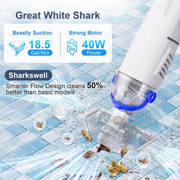 Sharkswell Aspirateur de piscine sans fil avec manche télescopique, aspiration puissante de 60 minutes et tête transparente, nettoyeur portable rechargeable pour piscines hors sol, piscines creusées