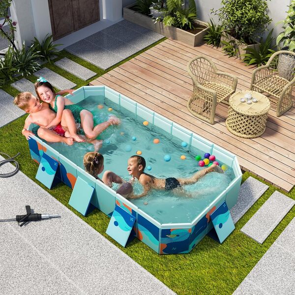 Pataugeoire pliable – Piscine non gonflable robuste de 2,6 m pour enfants et adultes – Grand jardin et piscine extérieure – PVC solide, installation rapide et rangement facile – Comprend des balles et