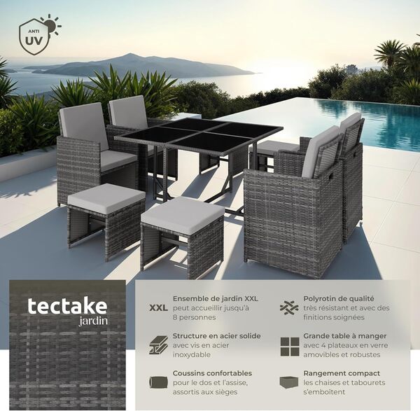 TecTake® Salon de Jardin Exterieur en Poly Rotin Table de Jardin, 4 Chaise Confortable, 4 Tabouret de Jardin, Housse de Protection, Mobilier de Jardin pour Amenagement Balcon Terrasse - Gris