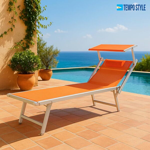 TEMPO STYLE - Lit de plage professionnel en aluminium L-Méditerranée | Pliable avec pare-soleil et Textilène, idéal pour la plage, la piscine et le jardin (Telaio Blanc Textilene Terracotta)