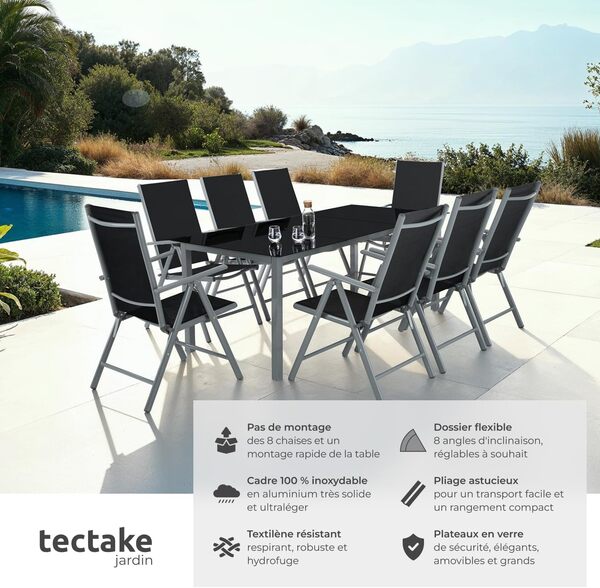 TecTake® Salon de Jardin Extérieur en Aluminium - 8 Fauteuils Inclinables Pliables, 1 Table - Facile d'Entretien, Mobilier pour Aménagement Balcon Terrasse