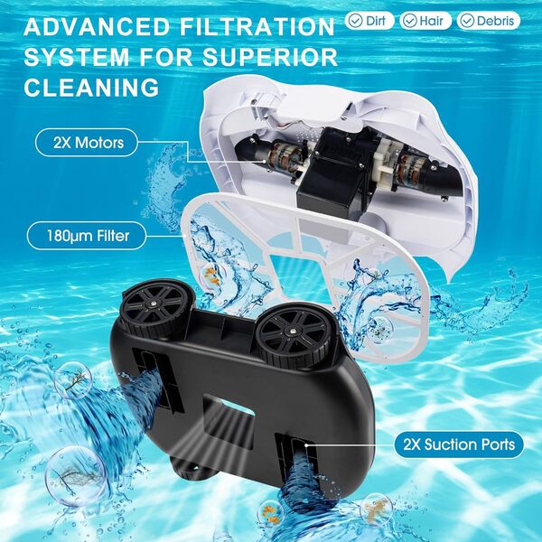 vnmudzeo Robot Aspirateur De Piscine sans Fil, Couverture De 860 Pi2, avec 4 Roues, Capacité De Stockage des DéChets De 2,5 L, Robot éCumeur De Piscine Rechargeable,Grey