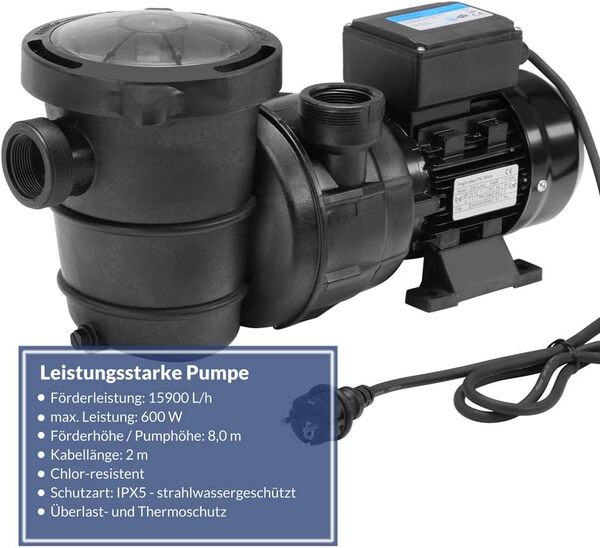 MONZANA® Pompe de piscine 15.900 l/h préfiltre pompe de filtration circulation système filtre à sable hauteur levage 8m pompe piscine filtre à sable