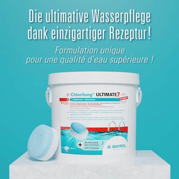 BAYROL e-Chlorilong ULTIMATE7 10,2 kg - Galets de Chlore 300 g bi-Phases avec 7 Fonctions - Désinfection complète et régulière du Bassin et du Filtre - Formule Silk-Effect