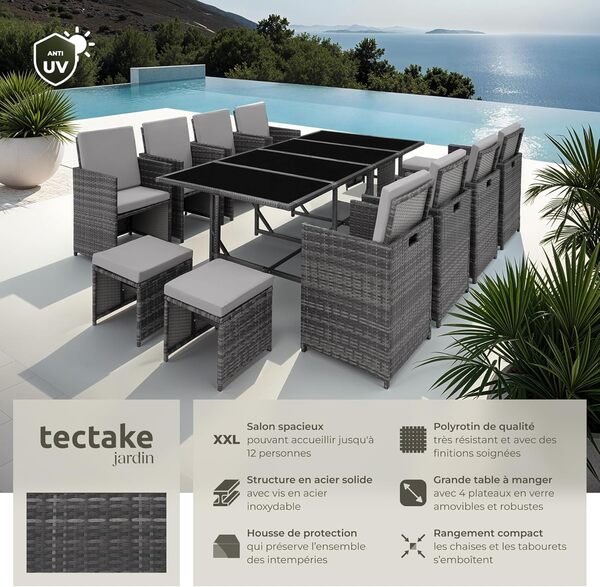 TecTake Salon de Jardin en Résine Tressée Ensemble Repas de Jardin Exterieur 8 Chaise Confortable 4 Tabouret de Jardin 1 Table Mobilier Jardin Amenagement Balcon Terrasse – Gris/Gris Clair