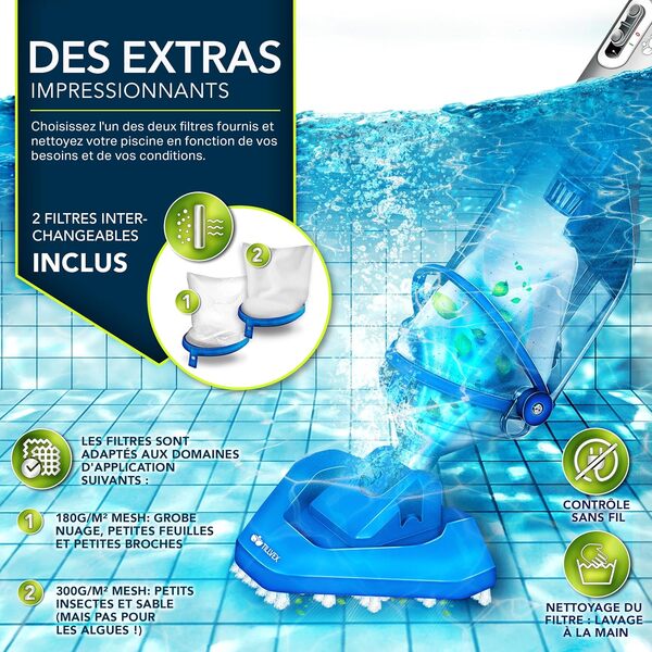 tillvex Aspirateur de Piscine avec Batterie & Manche télescopique + Filtre | Aspirateur de Piscine électrique | Nettoyeur de Piscine avec Filtre & autonomie de 60 Min (Bleu/Gris)