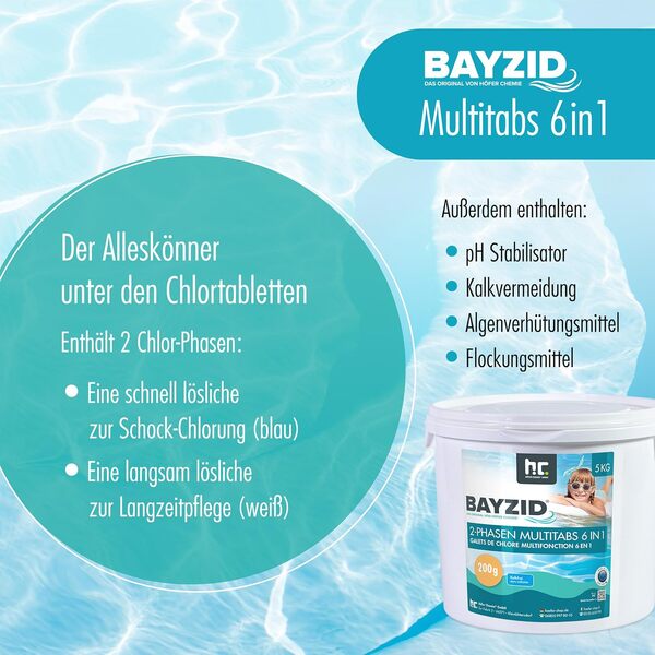 Höfer Chemie 4 x 5 kg BAYZID® Galets de Chlore (200g) pour Piscine à Dissolution Lente - Chlore Multifonction 6 en 1 pour Une Désinfection Régulière et Efficace