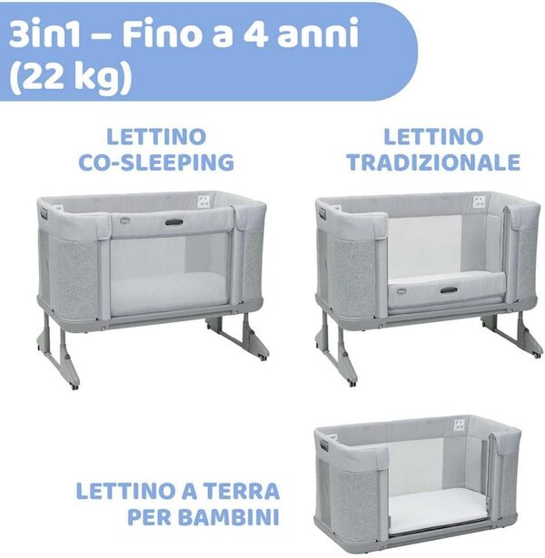 Chicco Next2Me Forever, Lit Bébé 3en1, Jusqu’à 4 Ans (22 Kg), Compatible avec Différents Lits, Berceau Bébé 3en1, Hauteur Réglable, Bonne Circulation de l'Air, 4 Roues, Matelas Inclus