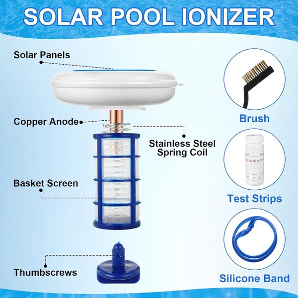 Qualirey 1 ensemble de purificateur d'eau flottante ioniseur solaire pour piscine, tue les algues dans la piscine, 85 % moins de cl, avec 4 boules éliminantes pour piscines d'eau douce et d'eau salée,